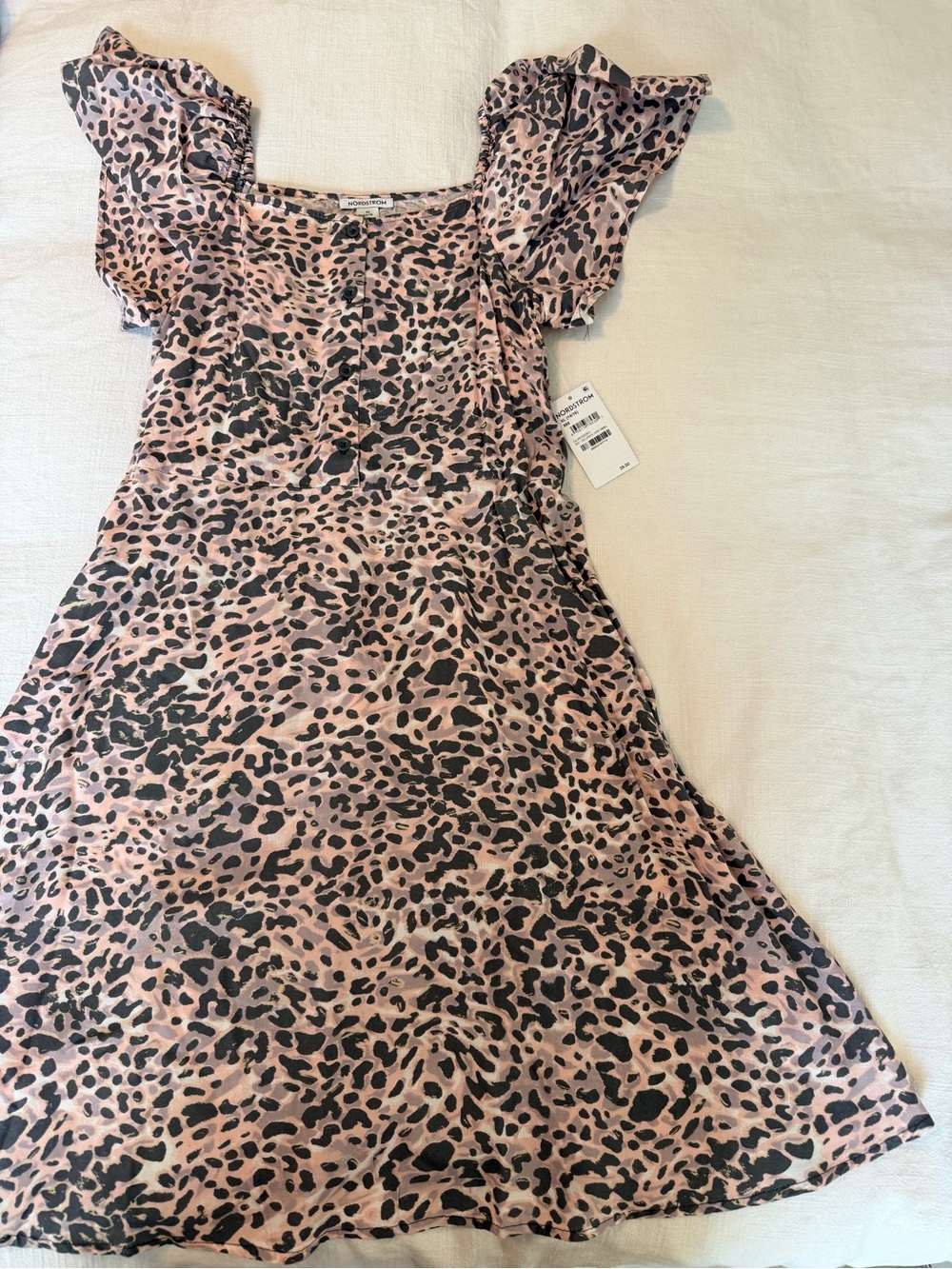 Nordstrom Pink and Black Leopard Print Ruffle-Sleeve Dress
